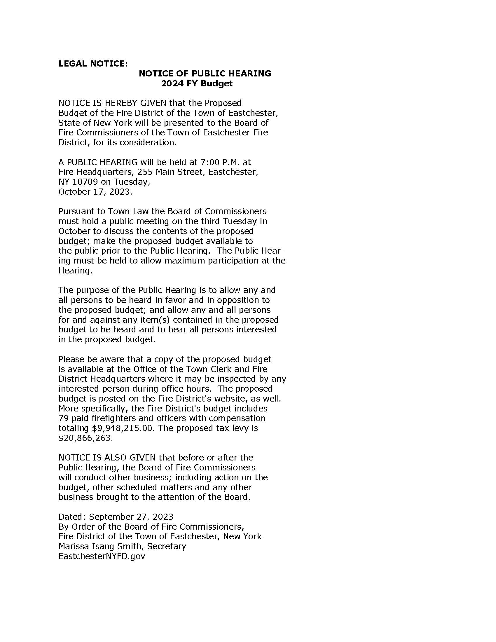 LEGAL NOTICE 2024 FY Budget